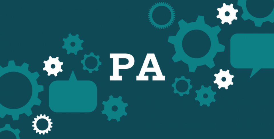 Teal background with a collage of cogs and speech bubble and the letters "PA" in the middle.