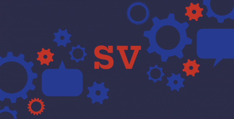 Blue and red gears and speech bubbles surround the red letters “SV” on a dark background