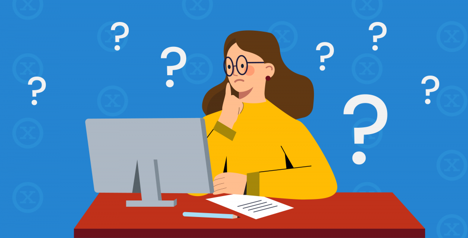 Women dressed in yellow looking at a computer with question marks and x's around her.