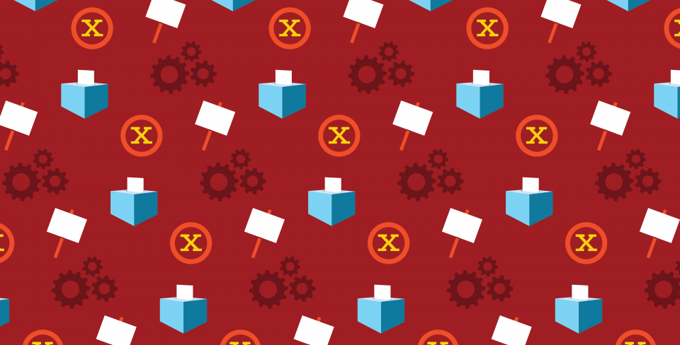 A red background with a pattern of voting boxes, circled x's, picket signs, and cogs.